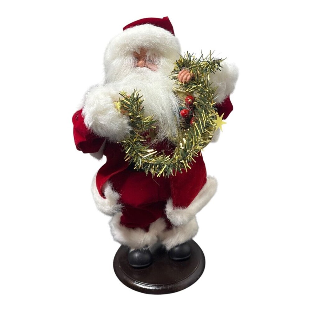 Vintage Christmas Holiday Santa w/tinsel on stand Garland Holly Berries